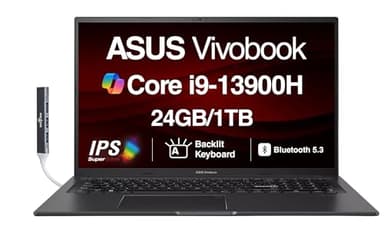 ASUS Vivobook K3704VA-DS96 17X Laptop 17.3" IPS FHD Display (Intel i9-13900H, 24GB DDR4, 1TB PCIe SSD, Intel Iris Xe, Backlit KB, Fingerprint, WiFi 6E, Webcam, Win 11 Pro) with DKZ USB Port Expander