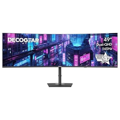 Deco Gear 49" Curved Ultrawide DQHD Monitor, 5120×1440 165Hz 1500R, USB-C 65W KVM, HDR Adaptive Sync, Dual HDMI 2.1, DP 1.4, Speakers, Ergonomic, American Seller