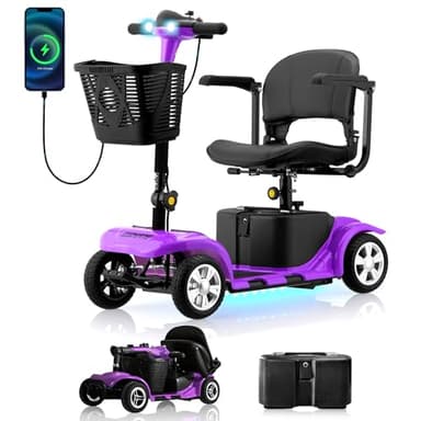 Mobility Scooter for Adults Senior, 15 Mile Long Range, 4 Wheels Electric Lightweight Scooter Chargeable Device, Foldable Mobility Scooter with LED Headlights and Basket,300lbS Capacity (Purple)