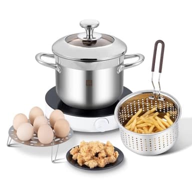 GOLDEN KEY Deep Fryer Pot with Basket and Lid,4.0L/4.2QT 304 Stainless Steel Standard Capacity Multi-function Cooking Pot with Strainer Basket for Kitchen Camping