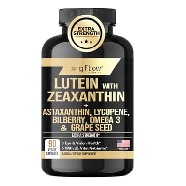 gflow vitamins Lutein and Zeaxanthin Supplements - Advanced Eye Vitamins with Astaxanthin, Omega 3, Resveratrol, Bilberry, Lycopene, Quercetin, Ginkgo Biloba, Vitamin D | Health Vision | Made in USA