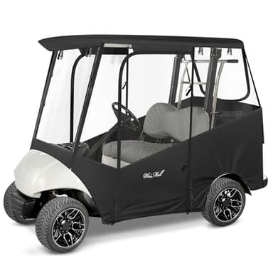 Golf Cart Enclosure 2 Passenger for Yamaha G29 Drive 2 600D Waterproof Windproof Driving Rain Cover Fit 2-Seater Short Roof with 4-Sided Clear Windows Mirror Openings Roll-up Zipper Door Black