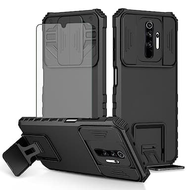 Asuwish Phone Case for Xiaomi Redmi Note 8 Pro with Tempered Glass Screen Protector and Slide Camera Cover Kickstand Stand Slim Protective Mobile Cell Accessories Redme Note8 8pro Women Men Black
