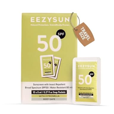 EEZYSUN SPF 50 Sunscreen and Insect Repellent Snap Packets - Sunscreen Travel Size Bug Repellent with Citronella Oil, Lemongrass, and Neem Oil - Reef-Safe Repellent - 10 Snap Packets (0.27 fl oz each)
