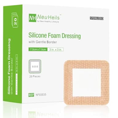 NeuHeils Silicone Foam Dressing with Gentle Border 3''x3'', 20 Packs for Bed Sore Leg Ulcer, High Absorbency Waterproof Silicone Wound Bandage