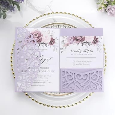 Wedding Invitations with Envelopes and RSVP Cards 50PCS Purple Laser Cut Invitation with Blank Cards and Envelopes Seals RSVP for Wedding Birthday Party Girl Baby Bridal Shower