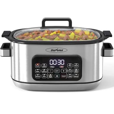 Sunvivi 12-in-1 Multi Cooker, 6.5QT Programmable Slow Cooker with Timer & Temp Control, Auto Warm Setting, Delay Start, Dishwasher Safe Lid & Removable Nonstick Crock, Stainless Steel Rack, Sliver