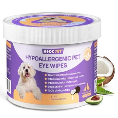 HICC PET Eyes Wipes for Dogs & Cats, Vet-Recommended Dog Eye Infection Treatment, Gently Remove Tear Stain, Debris, Discharge - Hypoallergenic Pet Eye Wash Cleaner for Eyes, Wrinkle, Face - 100pcs