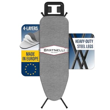 Bartnelli by Rorets Ironing Board Made in Europe | Iron Board with 4 Layered Cover & Pad, Height Adjustable up to 36" Features A Safety Iron Rest, 4 Steel Legs, for Laundry Room or Dorm Use (43x13)