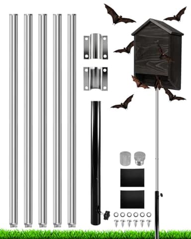 15 FT Telescoping Stainless Steel Purple Martin Bat House Pole Kit, Heavy Duty Adjustable 5-Section Pole Mount with Ground Socket, Bird Feeder Accessories for Outdoors (Silver)