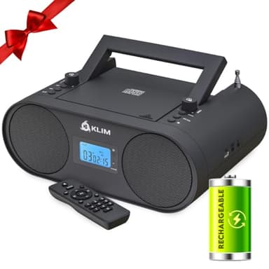 KLIM Boombox B4 CD Player Portable Audio System - New - AM/FM Radio with CD Player MP3 Bluetooth AUX USB - Wired & Wireless Mode Rechargeable Battery - Remote Control Autosleep Digital EQ