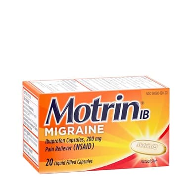 Motrin IB Migraine Relief Liquid Gel Capsules with 200 mg Ibuprofen per Capsule, Fast & Effective Migraine Headache Relief Medicine with NSAID Pain Reliever Ibuprofen, Caffeine-Free, 20 ct