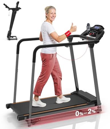 Redliro Treadmill for Seniors with Long Handrails - Foldable Walking Treadmill for Home Small, 300 lbs Capacity, 0-2% Incline, Auto Lubrication, Mute & Quick Speed Button, Elder Recovery, Mother's Day