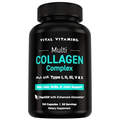 Vital Vitamins Multi Collagen Peptides Capsules for Women & Men - Type I, II, III, V, X Collagen Supplements - Grass-Fed, Non-GMO - 150 Pills