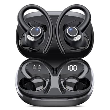 Wireless Earbuds, Bluetooth 5.4 Headphones Sport, Over Ear Buds With ENC Noise Cancelling Mic, 48H, Wireless Earphone With Earhooks, Stereo Deep Bass, IP7 Waterproof ear bud for Workout Running, Black