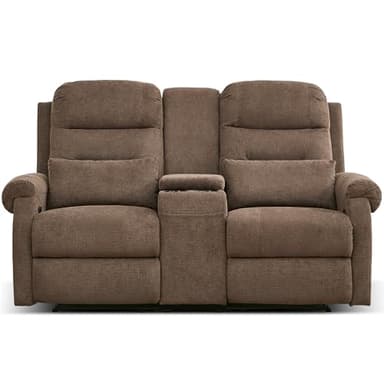 DRMBOOK RV Loveseat Recliner Sofa with Console, Flax Velvet Double Wall Hugger Reclining Couch Manual Home Movie Seating 2 Person Recliner Chair with Cup Holders/Storage/Pocket/Lumbar Pillow, Brown