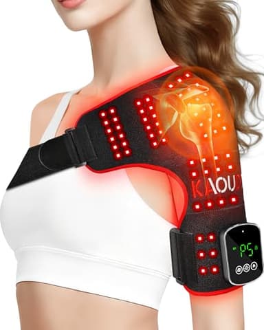 Kaoudt Cordless Red Light Therapy for Shoulder with Vibration Massage, 5000mAh Rechargeable Heated Shoulder Pad Massager, 660nm&850nm Near Infrared Light Therapy for Joint Pain Relief