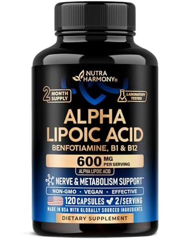 Alpha Lipoic Acid 600mg - ALA Supplement Antioxidant for Nerve, Energy & Metabolism Support - Extra Strength with Benfotiamine, B1 & B12 - Lab Tested, NON-GMO & Vegan - 120 Capsules, 2 Month Supply