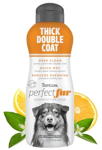 TropiClean Perfect Fur Detangling and Deshedding Dog Shampoo for Breeds with Thick Double Coats, Natural Moisturizing Shampoo, Puppy Safe, 16oz.