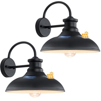 Solar Barn Lights for Outside, Dusk to Dawn Farmhouse Gooseneck Barn Light, 12" Large Black Porch Light Fixture Wall Mount, Waterproof Outside Wall Lights Solar Powered for Porch Garage Patio, 2-Pack