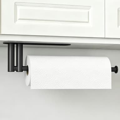 Paper Towel Holder Under Cabinet, Upgraded Dual-Rod Adhesive Paper Towel Holder with Longer Base, Stainless Steel Wall Mounted Holder for Kitchen Towels, No Drill, Black