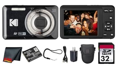 Kodak PIXPRO FZ55 Digital Camera (Black) | 16MP Sensor, 5X Optical Zoom, 28mm Wide-Angle Lens & Full HD Video | Great for Travel & Beginner Photography (FZ55BK) + 32GB Card + Case + Cleaning Cloth