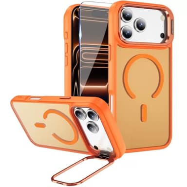FATUOQIA for iPhone 17 Pro Case,Magnetic iPhone 17Pro Phone Case with Screen Protector [Compatible with MagSafe] Built-in Stash Stand,Translucent Matte Shockproof Cover-Cosmic Orange