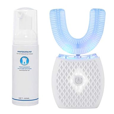 Maybuy Ultrasonic Automatic Toothbrush, Ultrasonic U-Shaped Toothbrushes for Adult, 360° Electric Sonic Tooth Brush with Automatic Timer, Wireless Charging Teethbrush Kit for Travel Or Home (White)