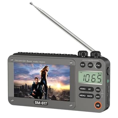 SEMIER 720p 4.3" Screen AM FM SW Movie Video Radio with Bluetooth, Rechargeable Pocket Digital Movie Video Player Radio, Support USB/Micro SD Card, 5W Loud Speak and Headphone Jack for Travel Gifts
