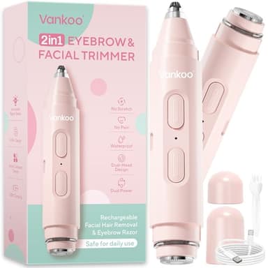 Vankoo Facial Hair Remover & Eyebrow Trimmer - 2 in 1 Eyebrow & Face Shaver for Women - Rechargeable Face Razors for Women with Built-in LED Lights - Painless Hair Removal for Flawless Skin & Makeup