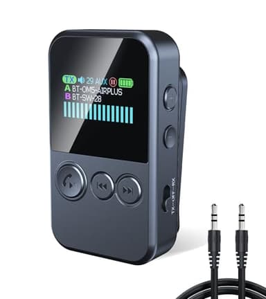 Bluetooth Transmitter for TV to 2 Headphones, Wireless Receiver for Car Handsfree Call, TSNAM Clip-On 3.5mm AUX Jack Audio Adapter with LED Display for Airplane,Stereo,Gym