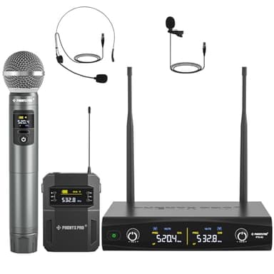 Phenyx Pro Wireless Microphone System,Metal Wireless Mic Set w/Handheld/Bodypack/Headset/Lapel Mics,2 x 30 UHF Frequencies, 200 ft Range, Cordless Mic for Singing, Karaoke, Church (PTU-52-1H1B)