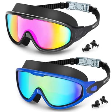 Water Space 2 Pack Swim Goggles, Swimming Goggles for Men Women Adult Youth, Anti-fog UV Protection Waterproof Large Frame 180° Wide View Clear Vision Swimming Goggles Pool Water Goggles