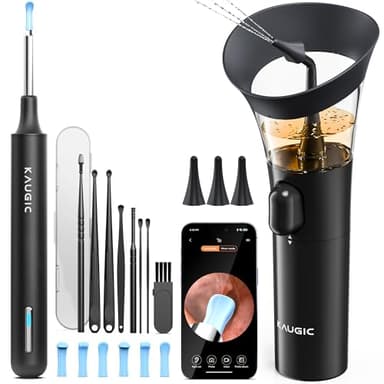 KAUGIC Ear Wax Removal - One-Hand Manual Ear Cleaner with Camera, 7 PCS Ear Spoons, Safe Ear Irrigation Kit for Adults, FSA-HSA-Eligible (Black)
