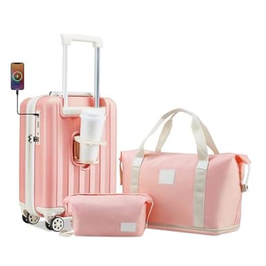 imiomo Carry on Luggage 18 Inch Suitcases with Wheels, Expandable with USB Port and Cup Holder, Hardside Travel Set with TSA Lock Pink Beige