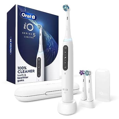 Oral-B iO Deep Clean + Whiten Rechargeable Electric Toothbrush with Visible Pressure Sensor, 2 Minute Timer, 5 Cleaning Settings, 1 iO5 Limited, 3 Toothbrush Heads, Travel Case & Refill Holder, White