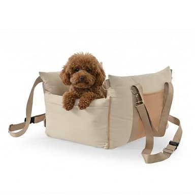 Amazon Basics Dog Car Seat, Pet Booster for Small-Medium Dogs with Leash & Washable Cover, Beige