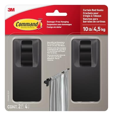 Command 10 lb Matte Black Curtain Rod Hooks, 2 Hooks and 4 Strips, No Drilling Home Decor and Room Decor, Use with Rod Diameters 0.5-0.75"