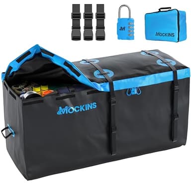 Mockins 25 Cu Ft Large Trailer Hitch Cargo Carrier Bag | 60"x24"x31" Waterproof Cargo Bag for Hitch Carrier & Truck Bed | Weatherproof Vinyl Vehicle Soft-Shell Carriers Set w/Straps, Lock & Carry Case