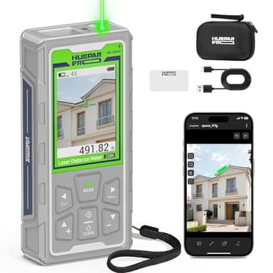 Huepar Pro Laser Measuring Tool, 495Ft Outdoor Laser Measure with Camera & Bluetooth Connected, Laser Distance Meter with P2P Technology, Free APP, IP68, Micro USB Cable, Hand Strap & Pouch - SW-150GQ