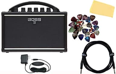 Boss Katana Mini Guitar Amplifier Bundle with Gearlux Power Supply, Instrument Cable, Austin Bazaar Exclusive 24-Pack Picks, and Polishing Cloth