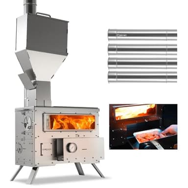 Wood Burning Stove with Oven - Portable Pellet Stove for Hot Tents, 304 Stainless Steel Outdoor Camping Stove with Chimney Pipes & Adapters for Winter Hunting Cooking