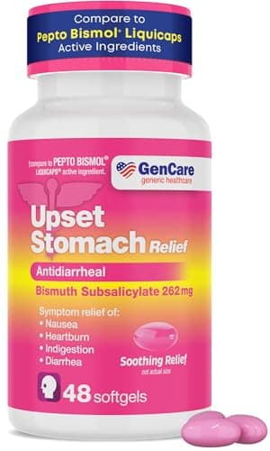 GenCare Upset Stomach Relief – 48 Softgels – Bismuth Subsalicylate 262 mg Antidiarrheal Medication – Acid Reflux Medicine for Nausea, Heartburn & Indigestion Relief – Generic for Pepte Bismol Tablets
