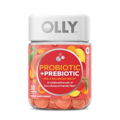 OLLY Probiotic + Prebiotic Gummy, 500 Million CFUs, FOS, Adult Chewable Supplement for Men and Women, Peach Flavored, 30 Day Supply - 30 Count