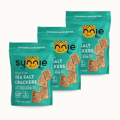 Sunnie Gluten Free Crackers, Healthy Grain-Free Sea Salt Cracker, Snacks for Kids & Adults, Made with Avocado Oil, Only 6 Ingredients, Vegan Snack, Low Calorie, 4 Oz, Pack of 3