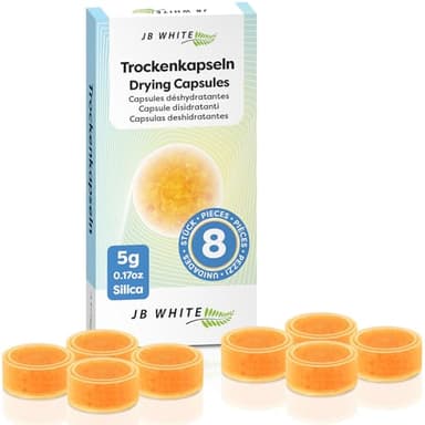 JB White 8pcs Drying Capsules for Hearing Aid and Earmold, Discs for Drying Jar, +40% More Desiccant, Orange Silica Tablet Against Moisture (5g, 0,176 oz, Color Indicator, 8 Pack)