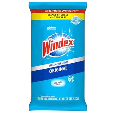 Windex Wipes Glass Cleaning, Pre-Moistened Glass and Surface Wipes to Clean Home Surfaces, Original Scent, 38 Count