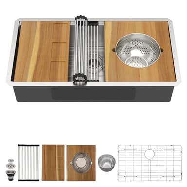 Talllor 32 Undermount Kitchen Sink 16 Gauge 304 Stainless Steel Single Bowl Multifunctional 32x19 Undermount Workstation Sink with Accessories #TLU-0038