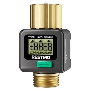 RESTMO Water Flow Meter with Brass Inlet & Outlet, Measure Gallon/Liter Consumption and Flow Rate for Outdoor Garden Hose Watering, RV Water Tank Filling, Lawn Sprinkler and Nozzle Sprayer