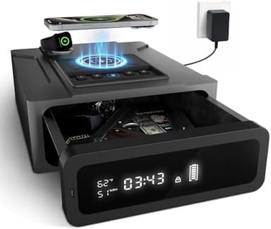 XDeer Biometric Gun Safe for Handgun, Nightstand Smart Safes Box with Wireless Charging for Phone and Watch, 3 Ways Quick Access Fingerprint Gun Safes, Auto Pop-up Drawer Safe with Digital Clock 1PCS